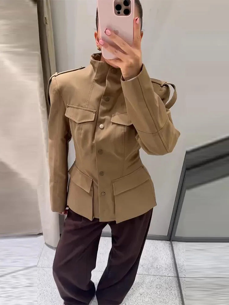 Women’s Coat with Stand Collar and Flap Pockets
