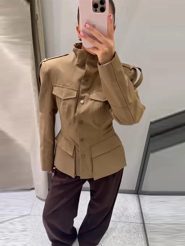 Women’s Coat with Stand Collar and Flap Pockets