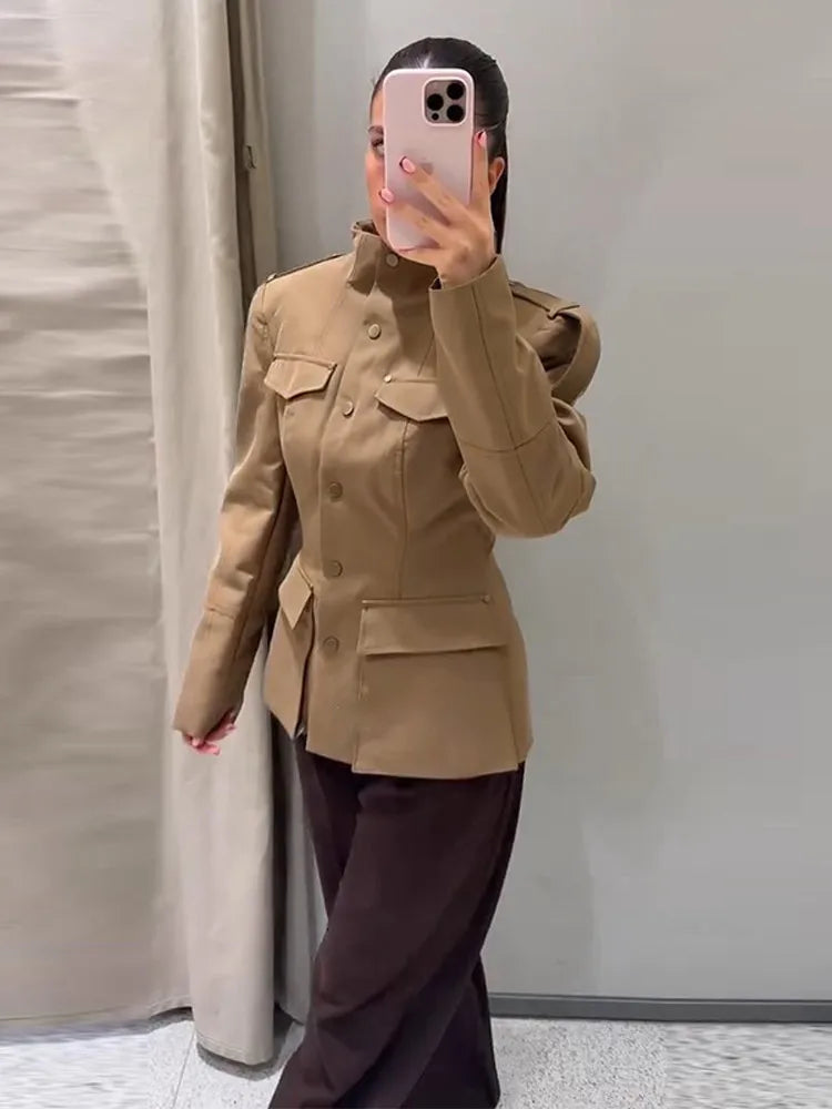 Women’s Coat with Stand Collar and Flap Pockets
