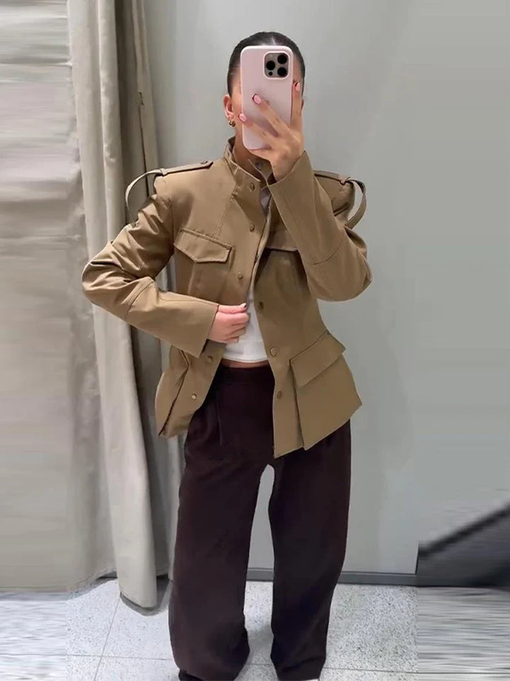 Women’s Coat with Stand Collar and Flap Pockets
