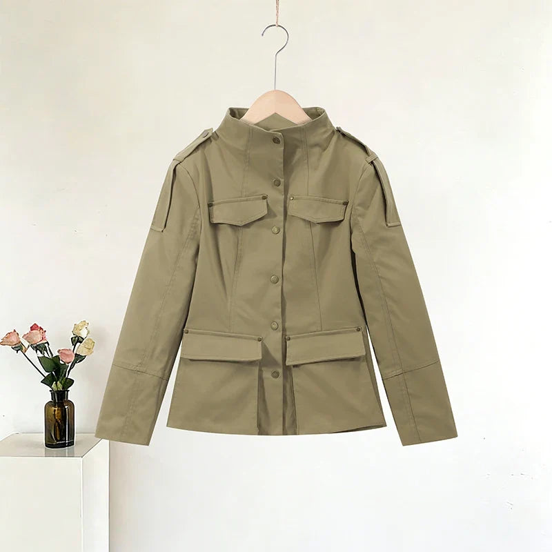 Women’s Coat with Stand Collar and Flap Pockets