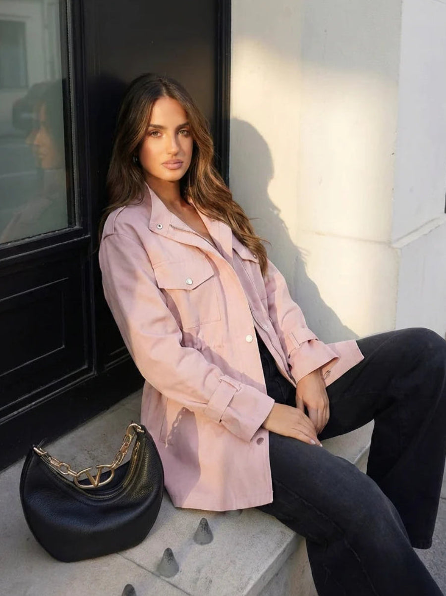 Women’s Coat with Stand Collar and Gathered Waist