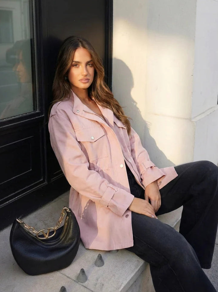 Women’s Coat with Stand Collar and Gathered Waist