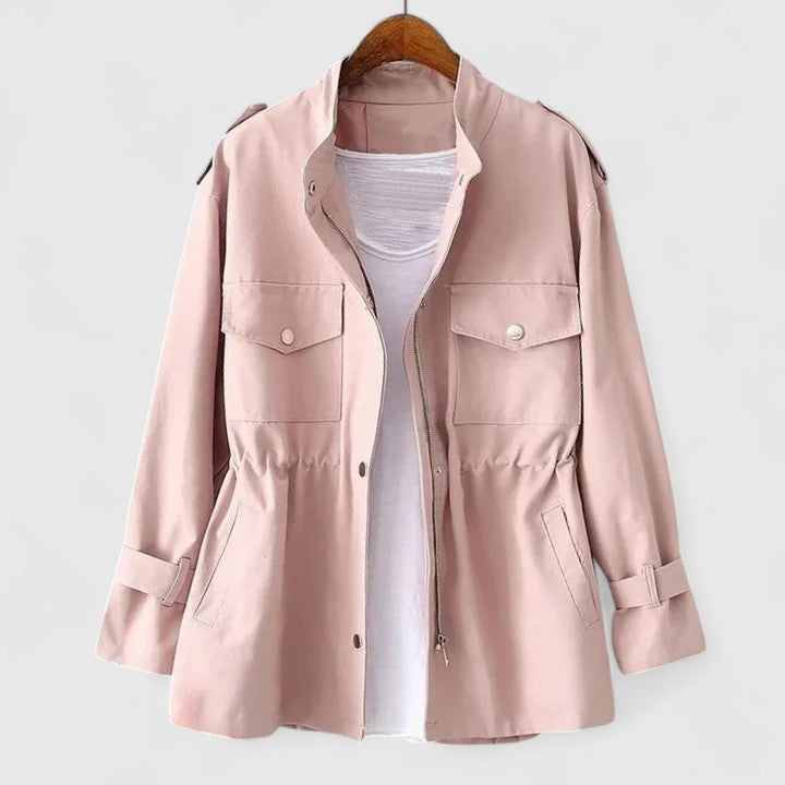 Women’s Coat with Stand Collar and Gathered Waist