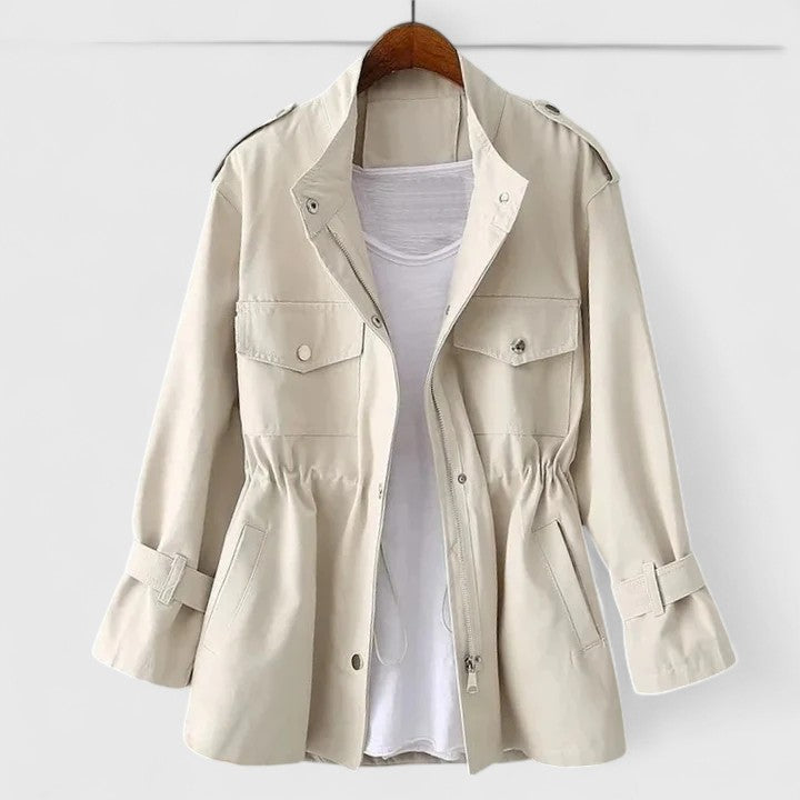 Women’s Coat with Stand Collar and Gathered Waist