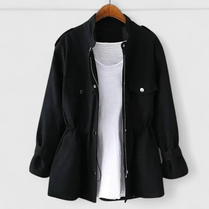 Women’s Coat with Stand Collar and Gathered Waist