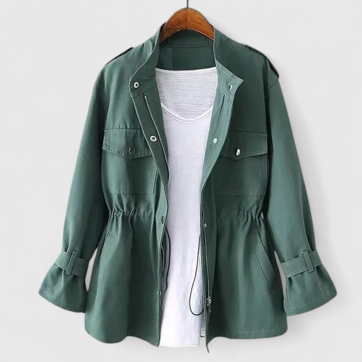 Women’s Coat with Stand Collar and Gathered Waist