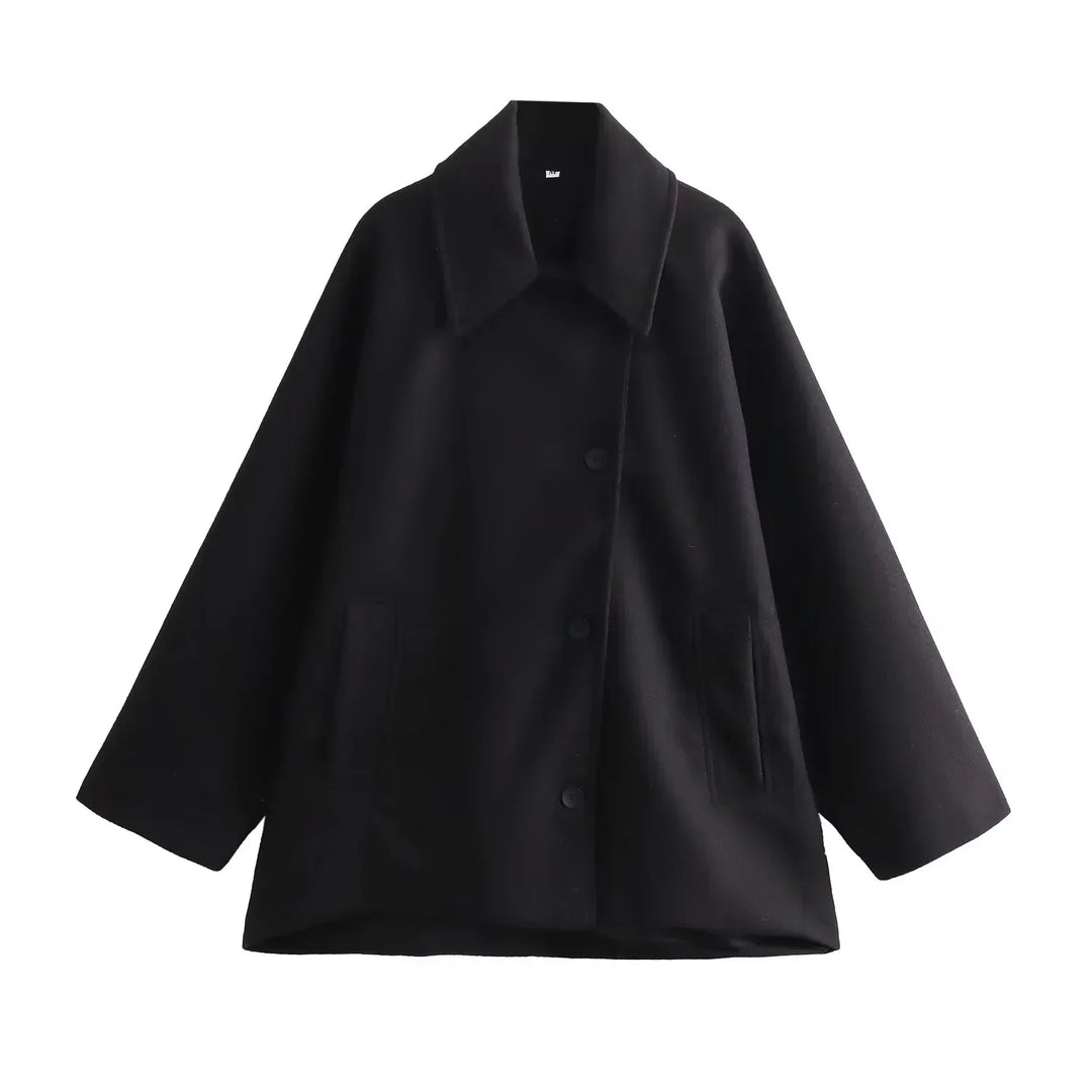 Women’s Coat with Wide Collar and Offset Button Front