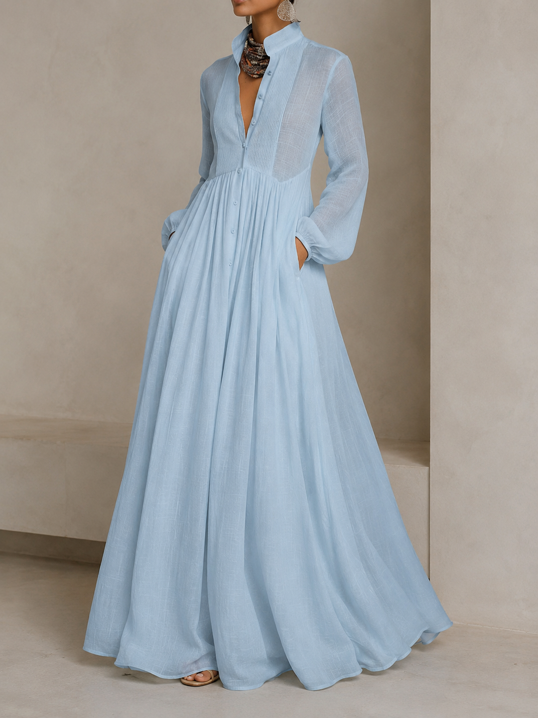 Women’s Collared Maxi Dress with Button Front and Long Sleeves