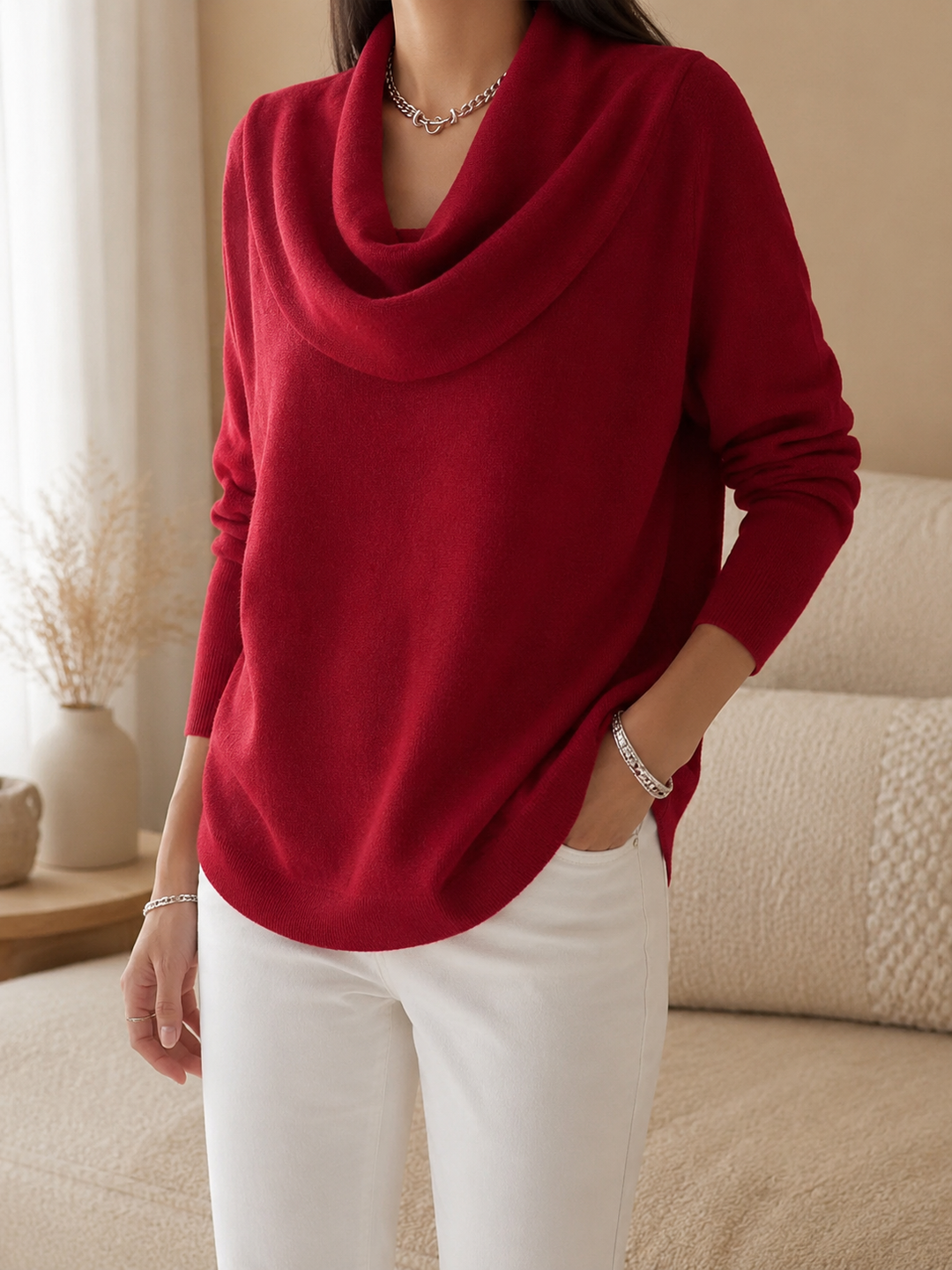 Women’s Cowl Neck Jumper with Long Sleeves and Ribbed Trim