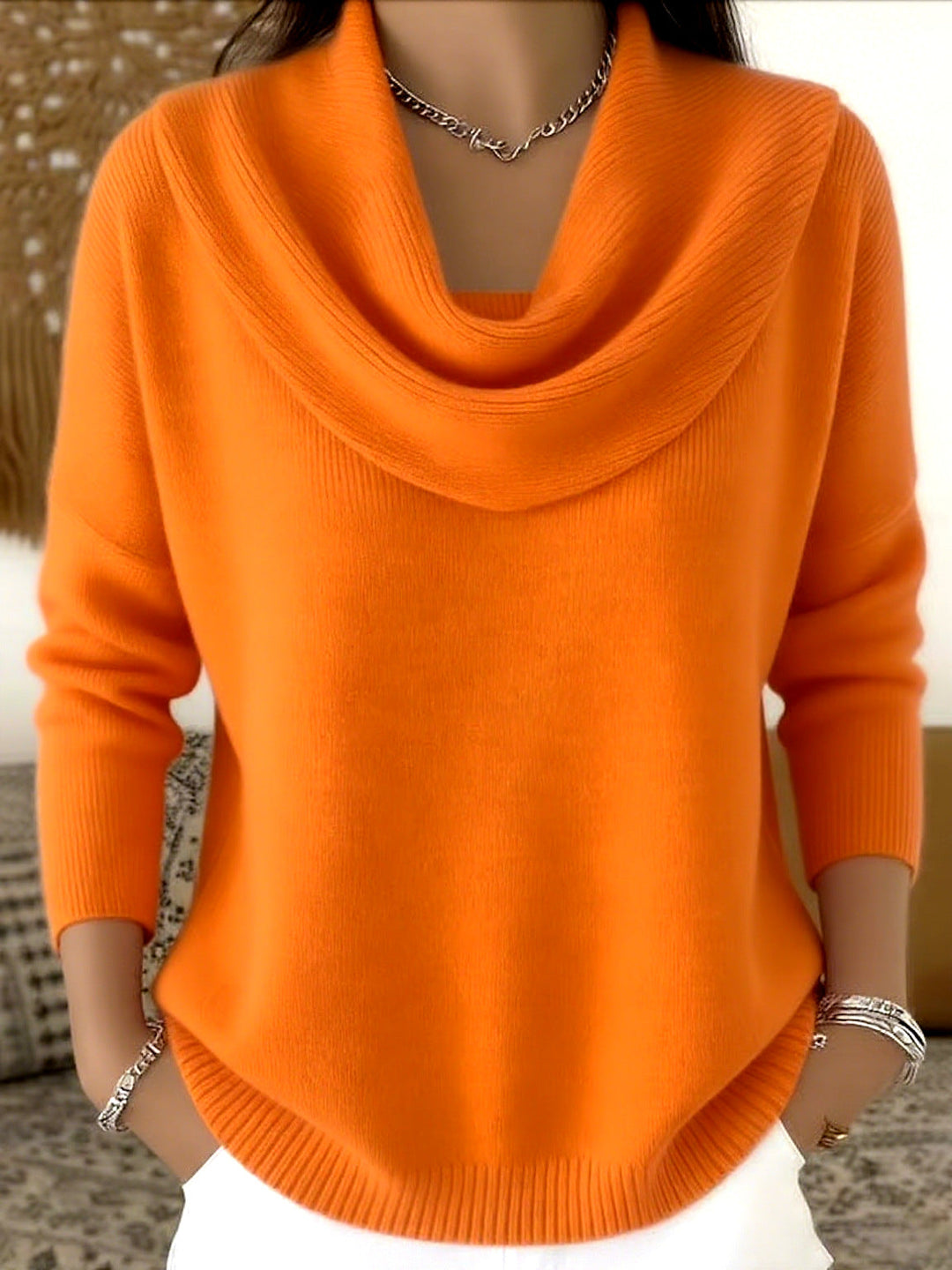 Women’s Cowl Neck Jumper with Long Sleeves and Ribbed Trim