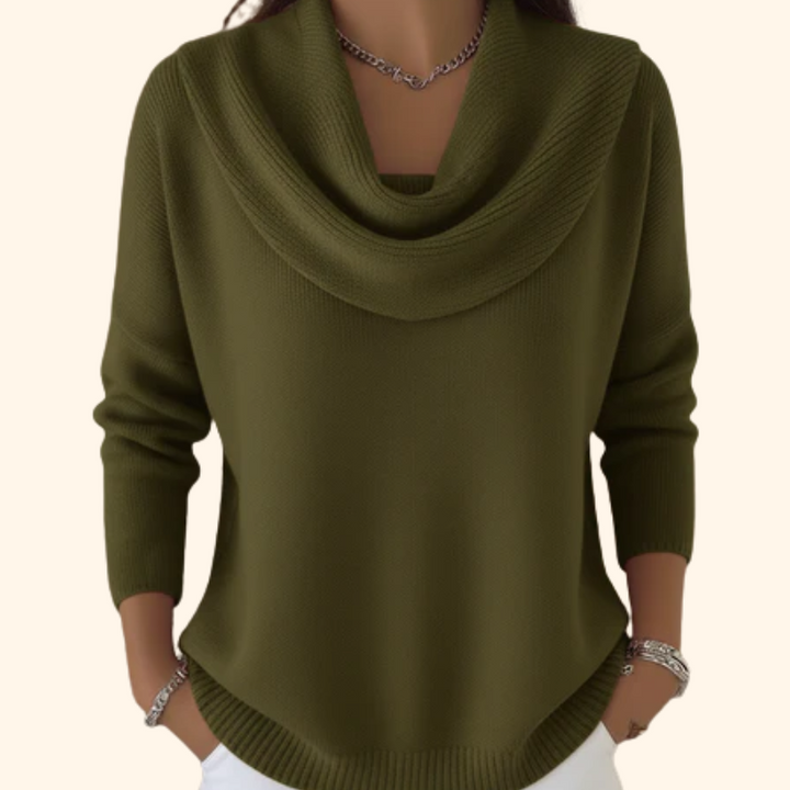 Women’s Cowl Neck Jumper with Long Sleeves and Ribbed Trim