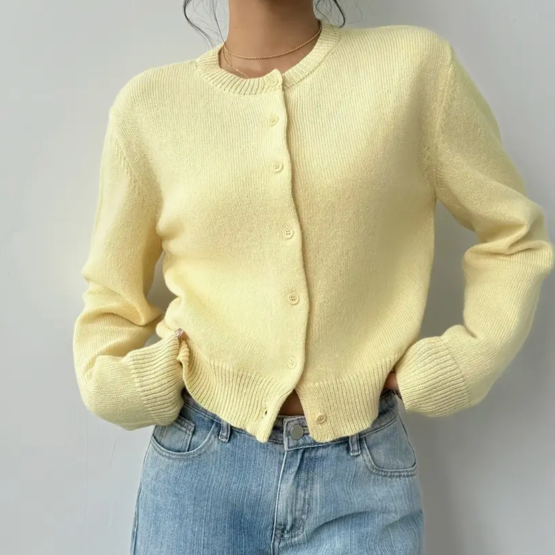 Women’s Cropped Cardigan with Round Neck and Button-Front Closure