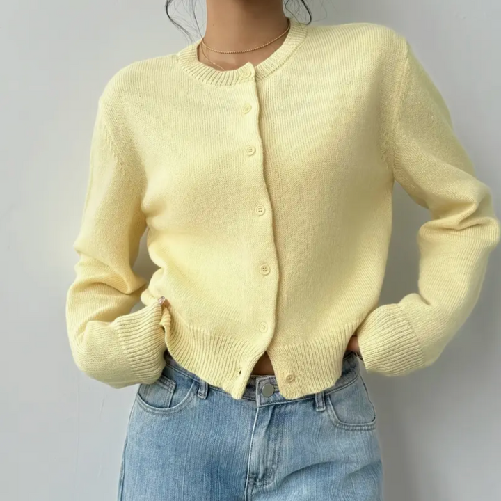 Women’s Cropped Cardigan with Round Neck and Button-Front Closure