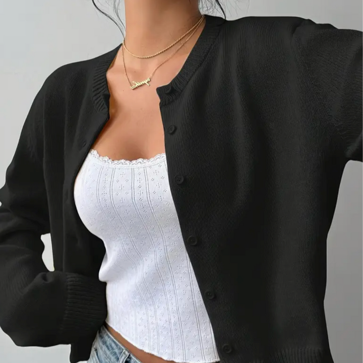 Women’s Cropped Cardigan with Round Neck and Button-Front Closure