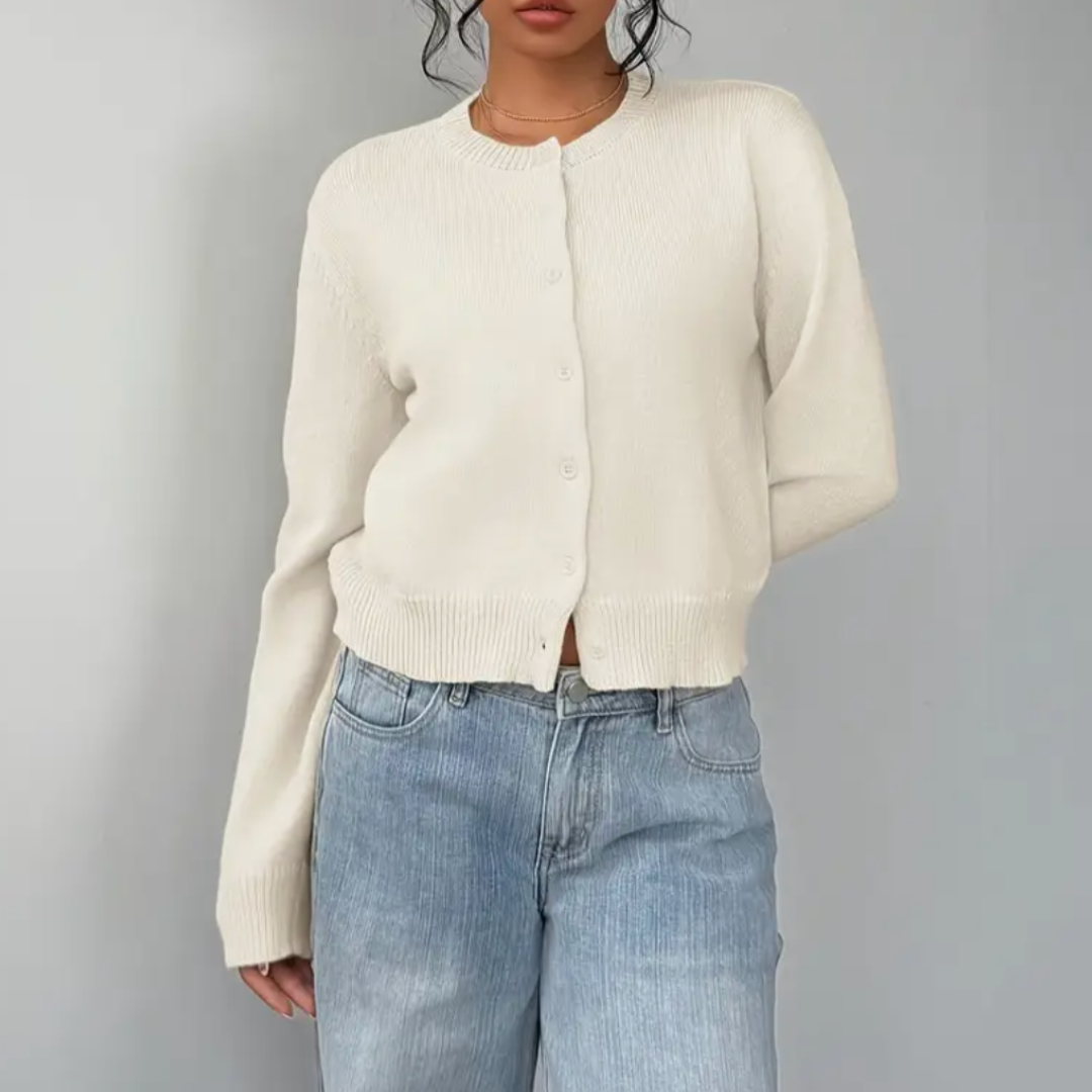 Women’s Cropped Cardigan with Round Neck and Button-Front Closure