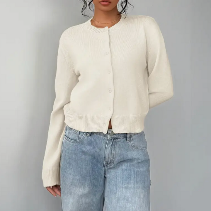 Women’s Cropped Cardigan with Round Neck and Button-Front Closure
