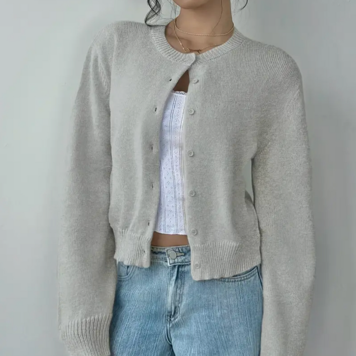 Women’s Cropped Cardigan with Round Neck and Button-Front Closure