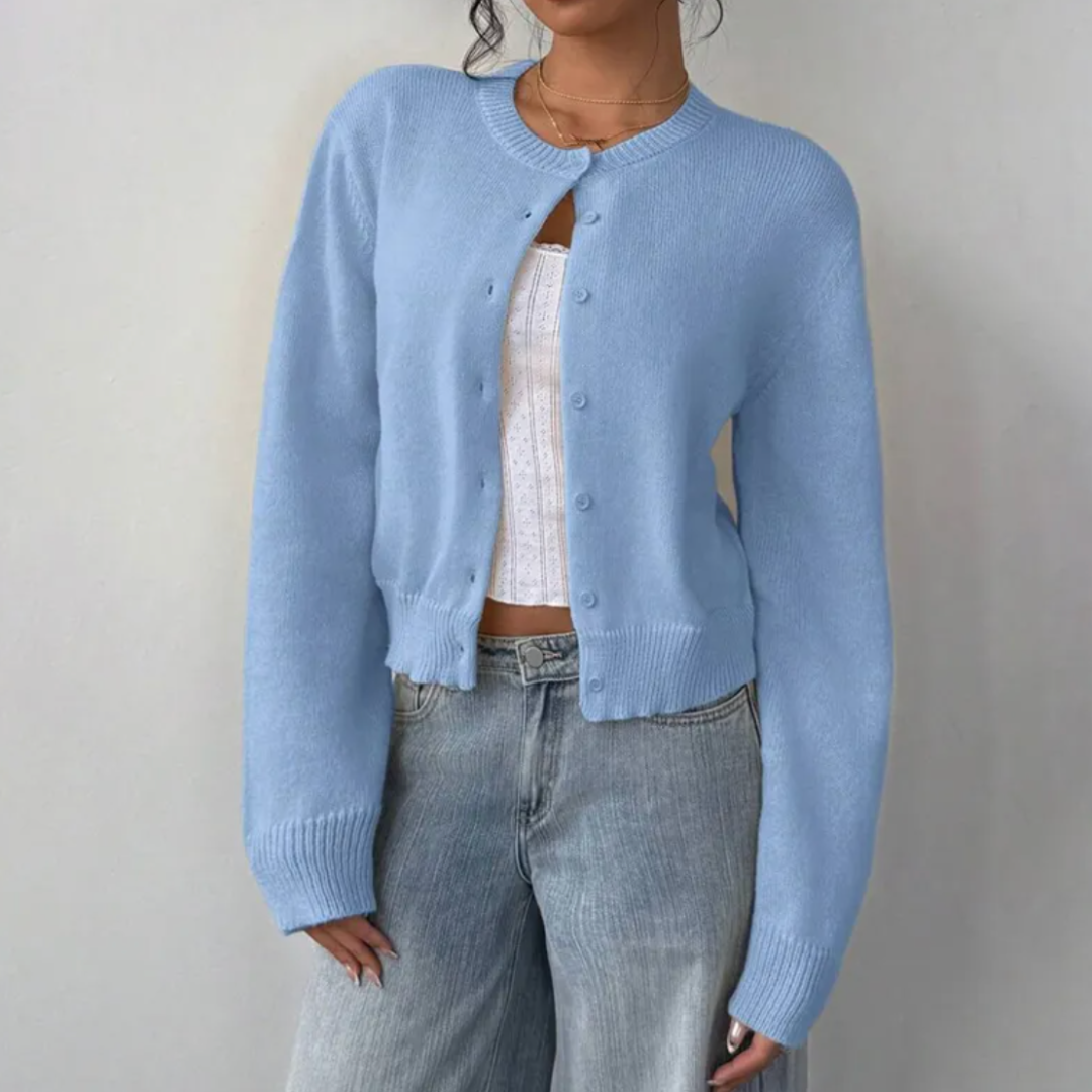 Women’s Cropped Cardigan with Round Neck and Button-Front Closure