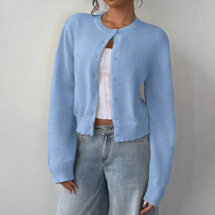 Women’s Cropped Cardigan with Round Neck and Button-Front Closure