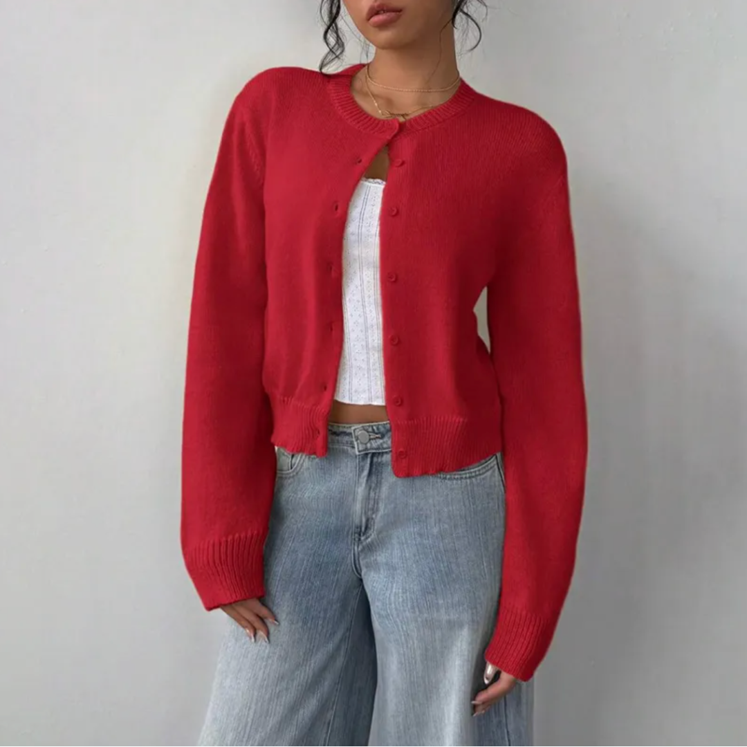 Women’s Cropped Cardigan with Round Neck and Button-Front Closure