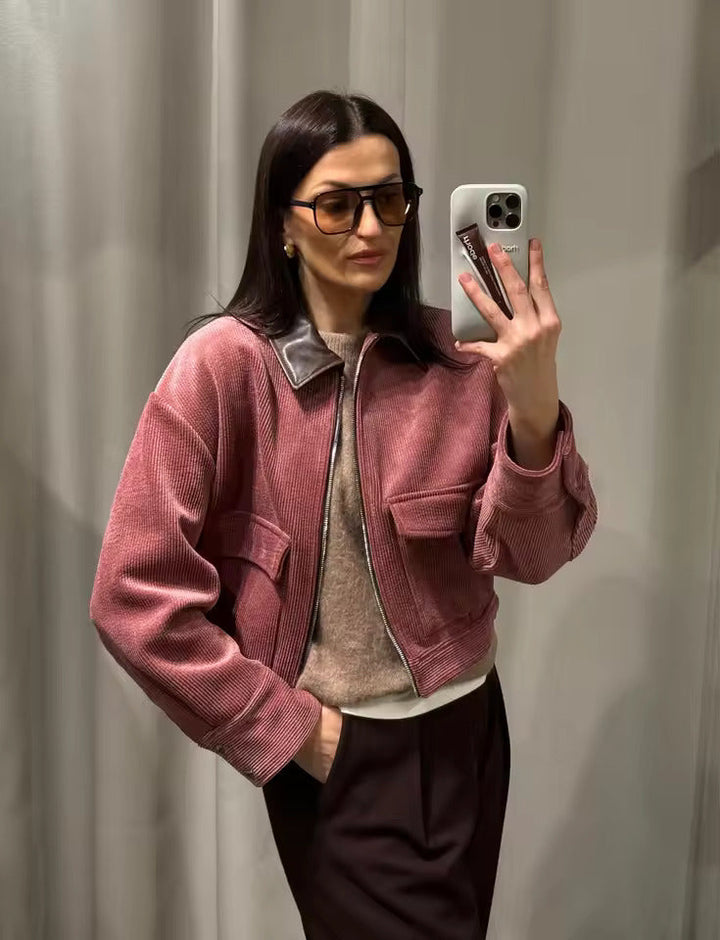 Women’s Cropped Corduroy Jacket with Contrast Collar and Front Pockets