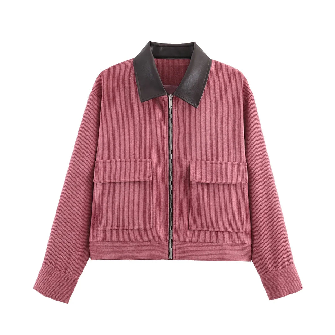 Women’s Cropped Corduroy Jacket with Contrast Collar and Front Pockets