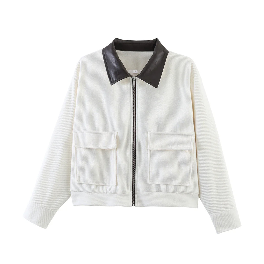 Women’s Cropped Corduroy Jacket with Contrast Collar and Front Pockets