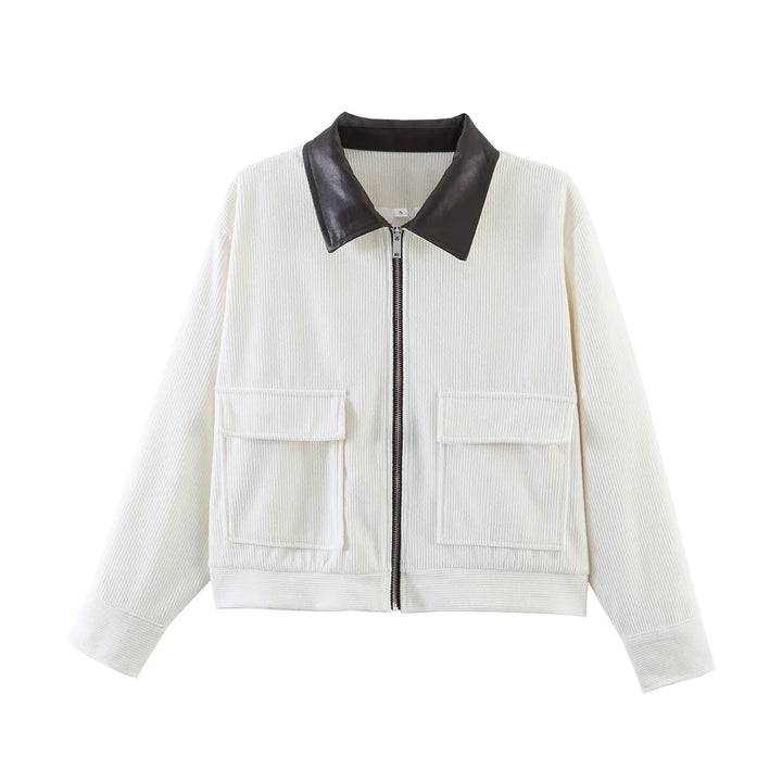 Women’s Cropped Corduroy Jacket with Contrast Collar and Front Pockets