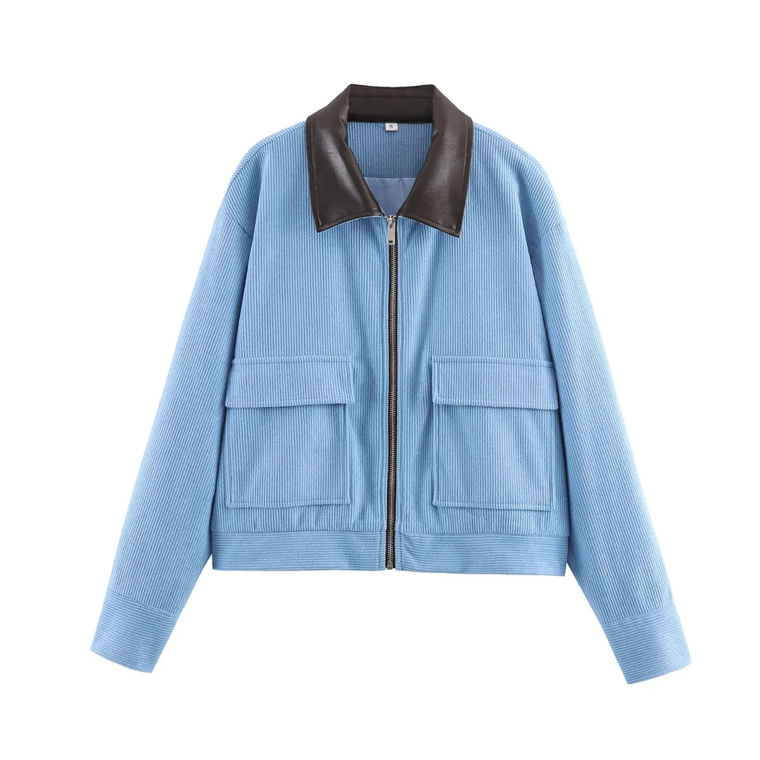 Women’s Cropped Corduroy Jacket with Contrast Collar and Front Pockets