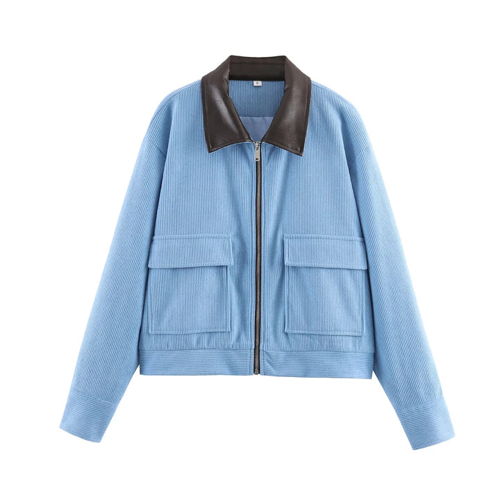 Women’s Cropped Corduroy Jacket with Contrast Collar and Front Pockets
