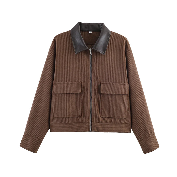 Women’s Cropped Corduroy Jacket with Contrast Collar and Front Pockets