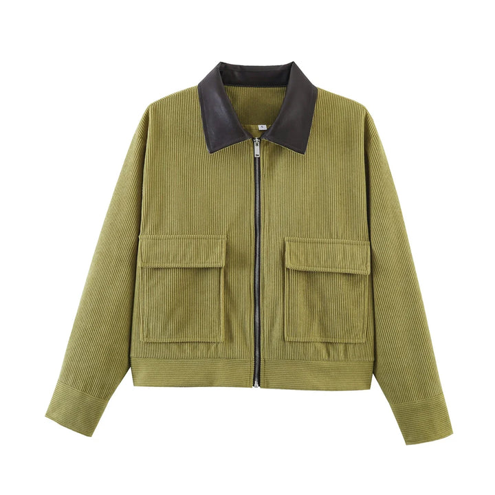 Women’s Cropped Corduroy Jacket with Contrast Collar and Front Pockets