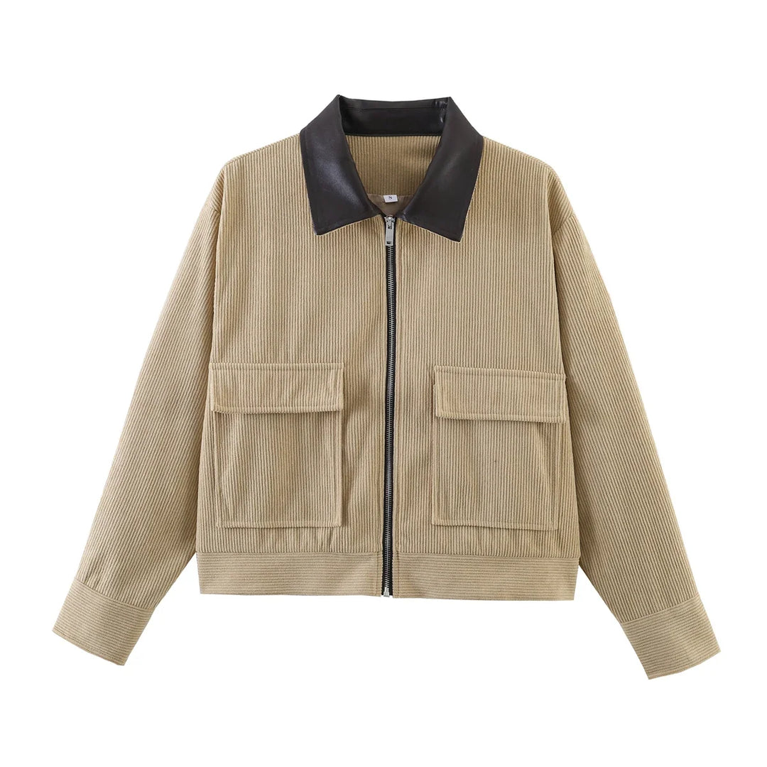 Women’s Cropped Corduroy Jacket with Contrast Collar and Front Pockets
