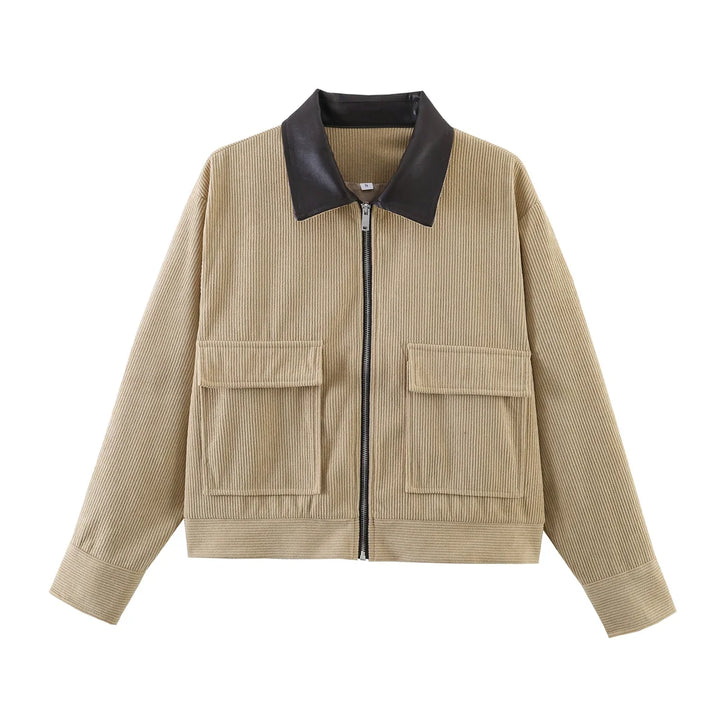 Women’s Cropped Corduroy Jacket with Contrast Collar and Front Pockets