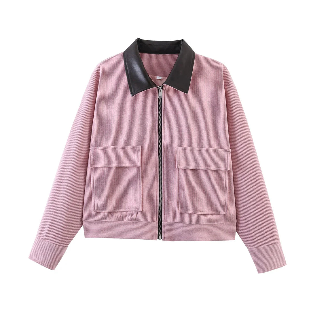 Women’s Cropped Corduroy Jacket with Contrast Collar and Front Pockets