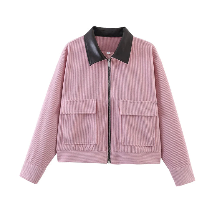 Women’s Cropped Corduroy Jacket with Contrast Collar and Front Pockets