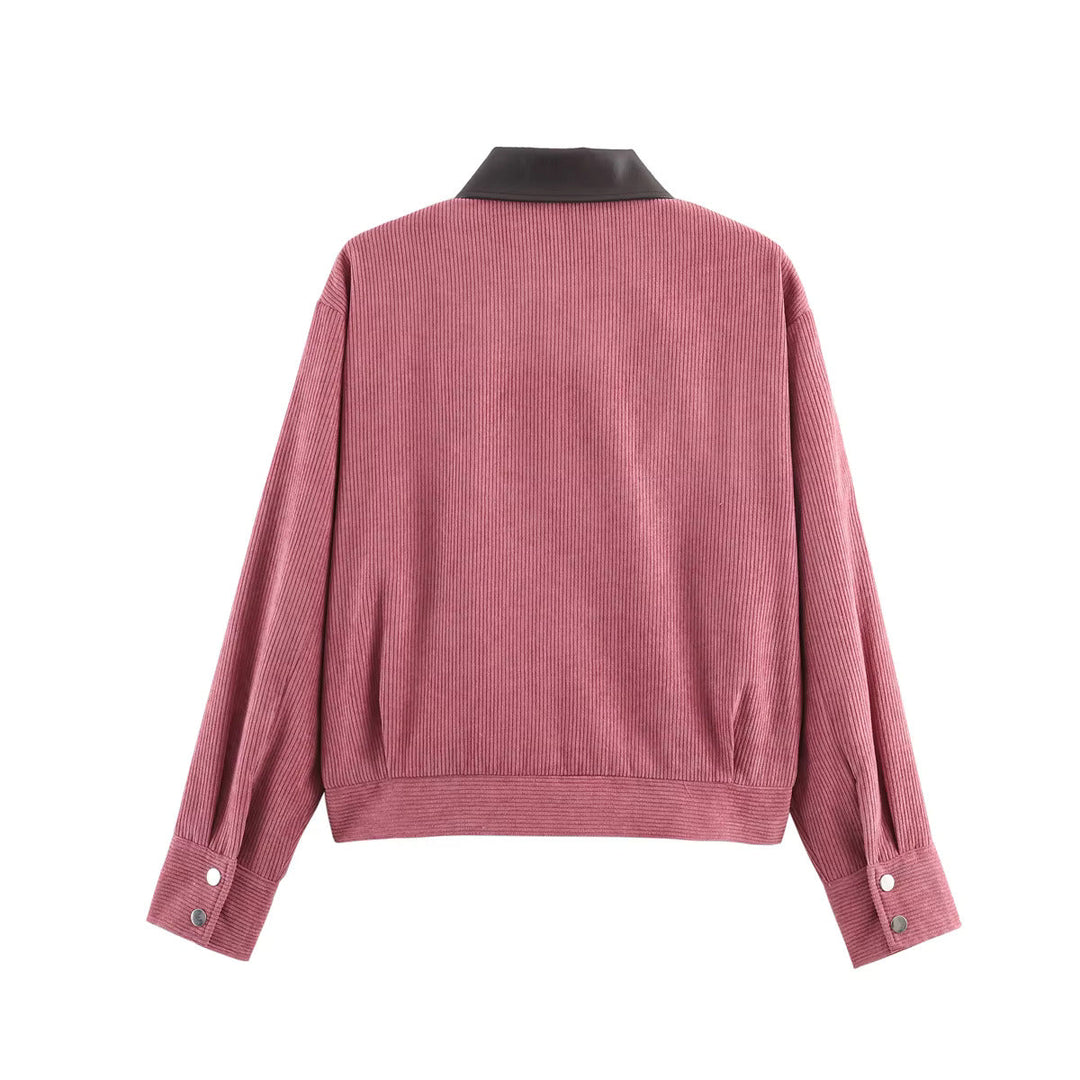 Women’s Cropped Corduroy Jacket with Contrast Collar and Front Pockets