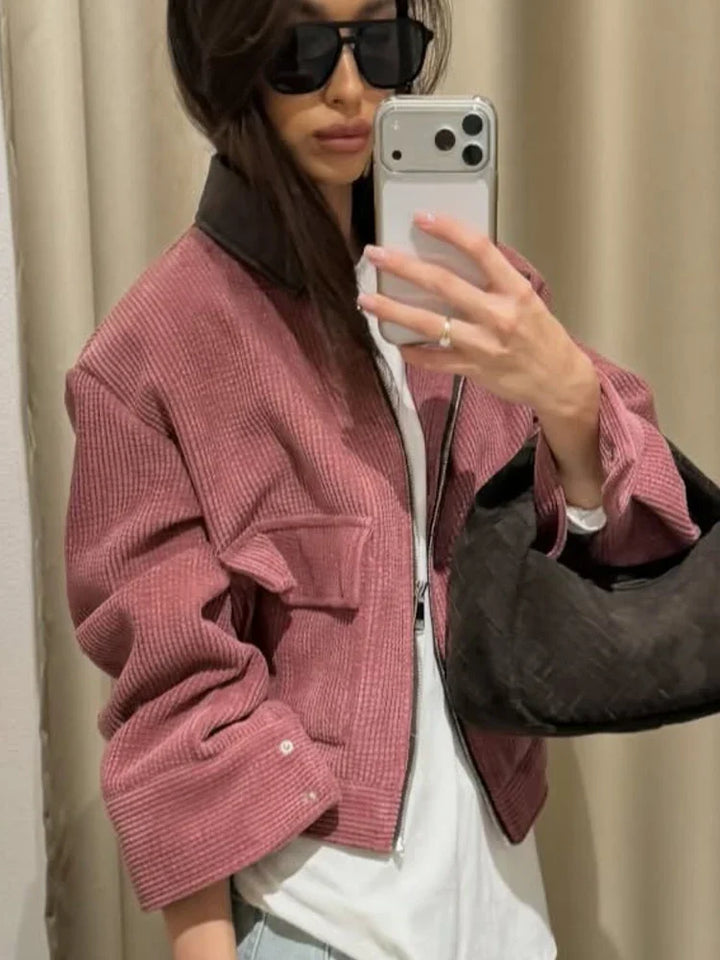 Women’s Cropped Corduroy Jacket with Contrast Collar and Front Pockets