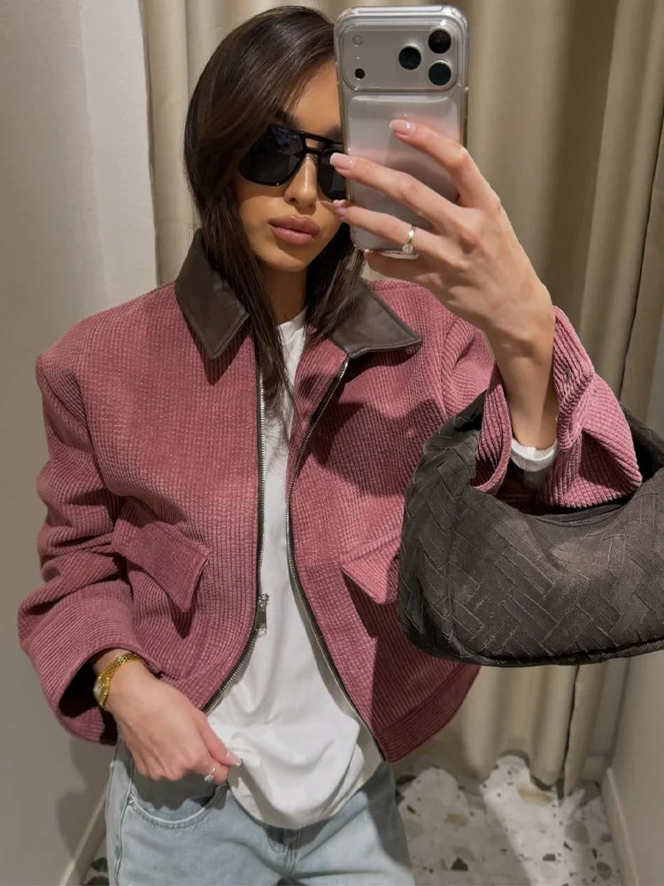 Women’s Cropped Corduroy Jacket with Contrast Collar and Front Pockets