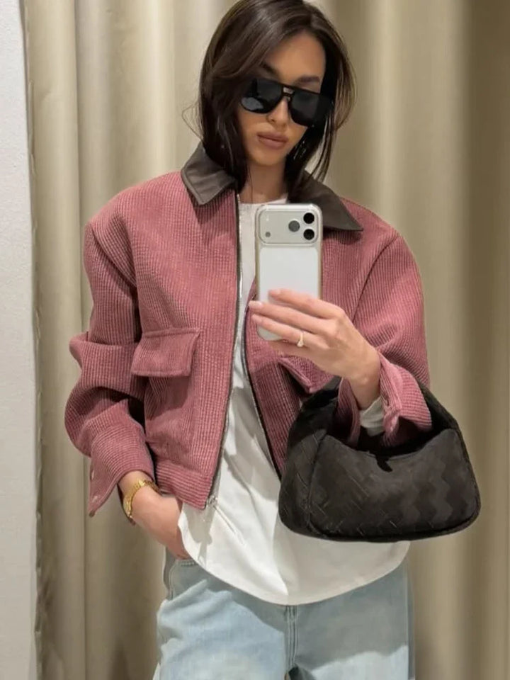 Women’s Cropped Corduroy Jacket with Contrast Collar and Front Pockets