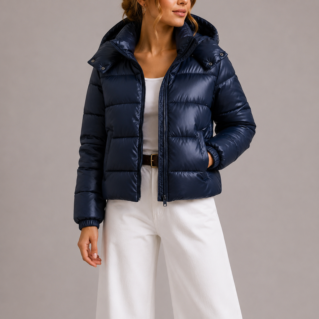 Front view with full zip front, hood and side pockets
