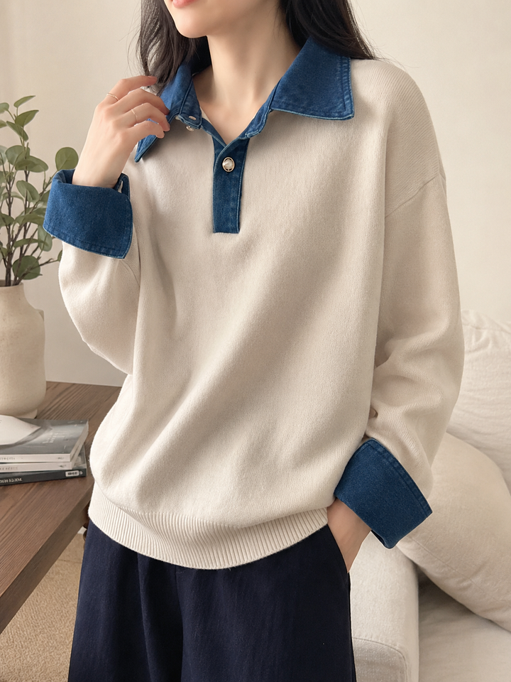 Women’s Denim Collar Jumper with Contrast Cuffs and Button Placket