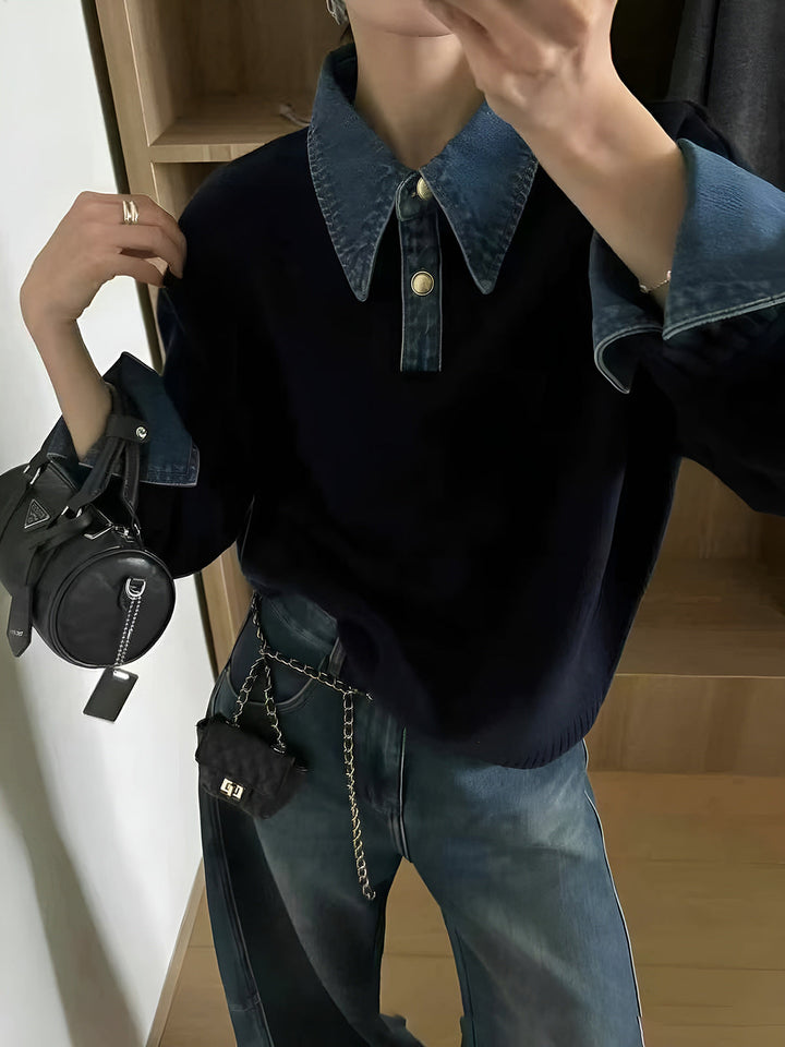 Women’s Denim Collar Jumper with Contrast Cuffs and Button Placket