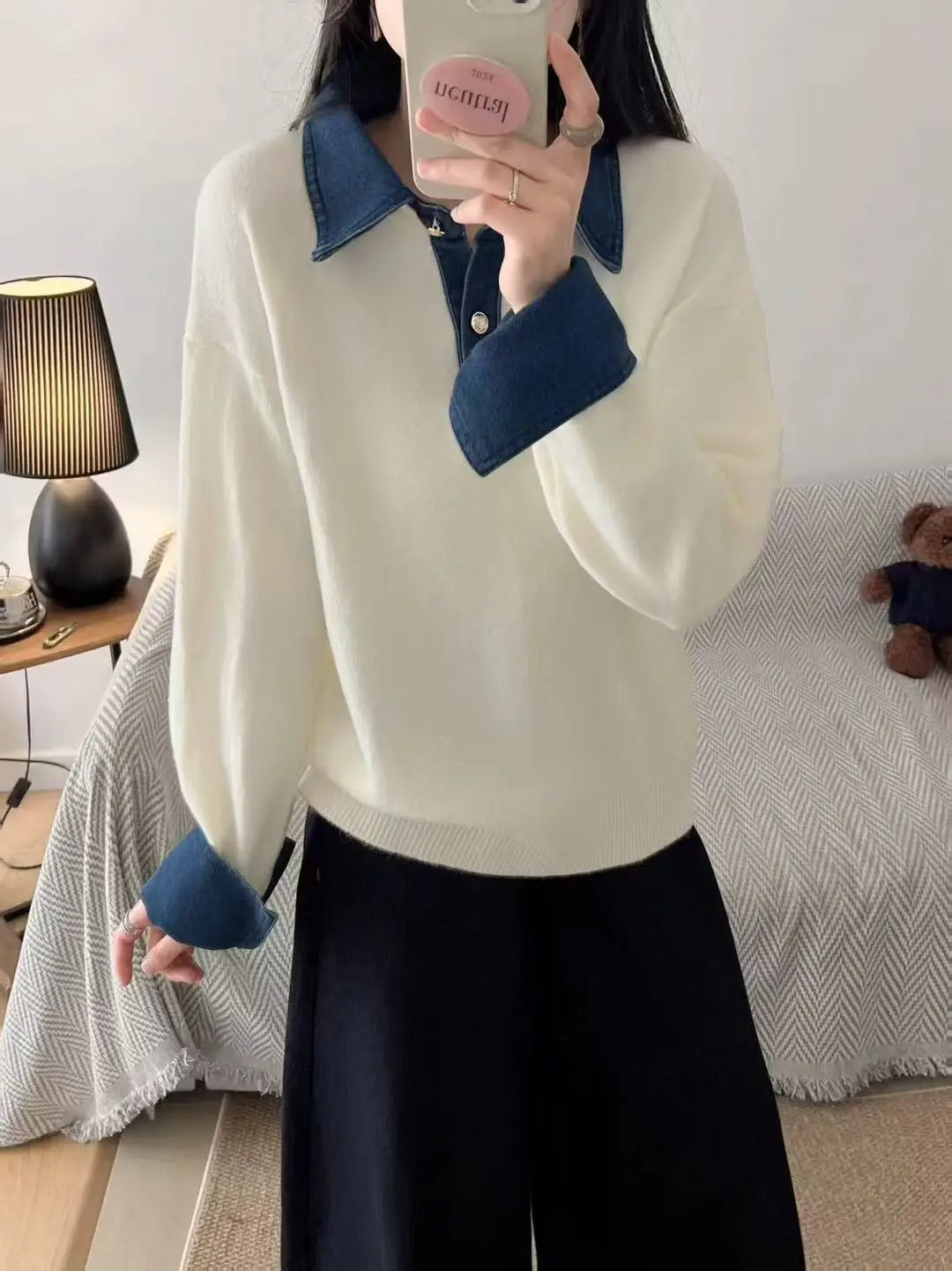 Women’s Denim Collar Jumper with Contrast Cuffs and Button Placket