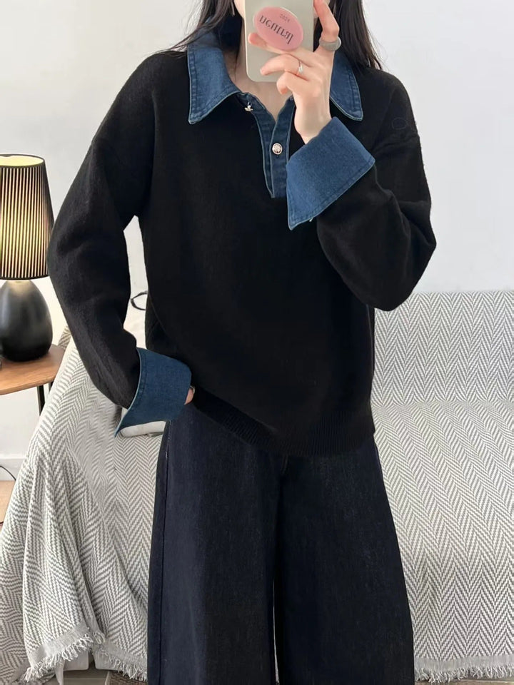 Women’s Denim Collar Jumper with Contrast Cuffs and Button Placket