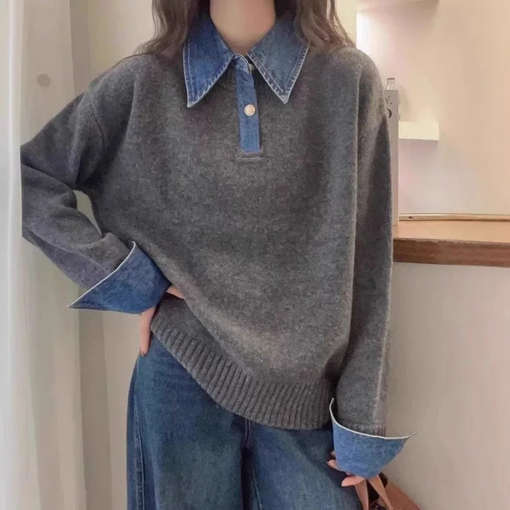 Women’s Denim Collar Jumper with Contrast Cuffs and Button Placket
