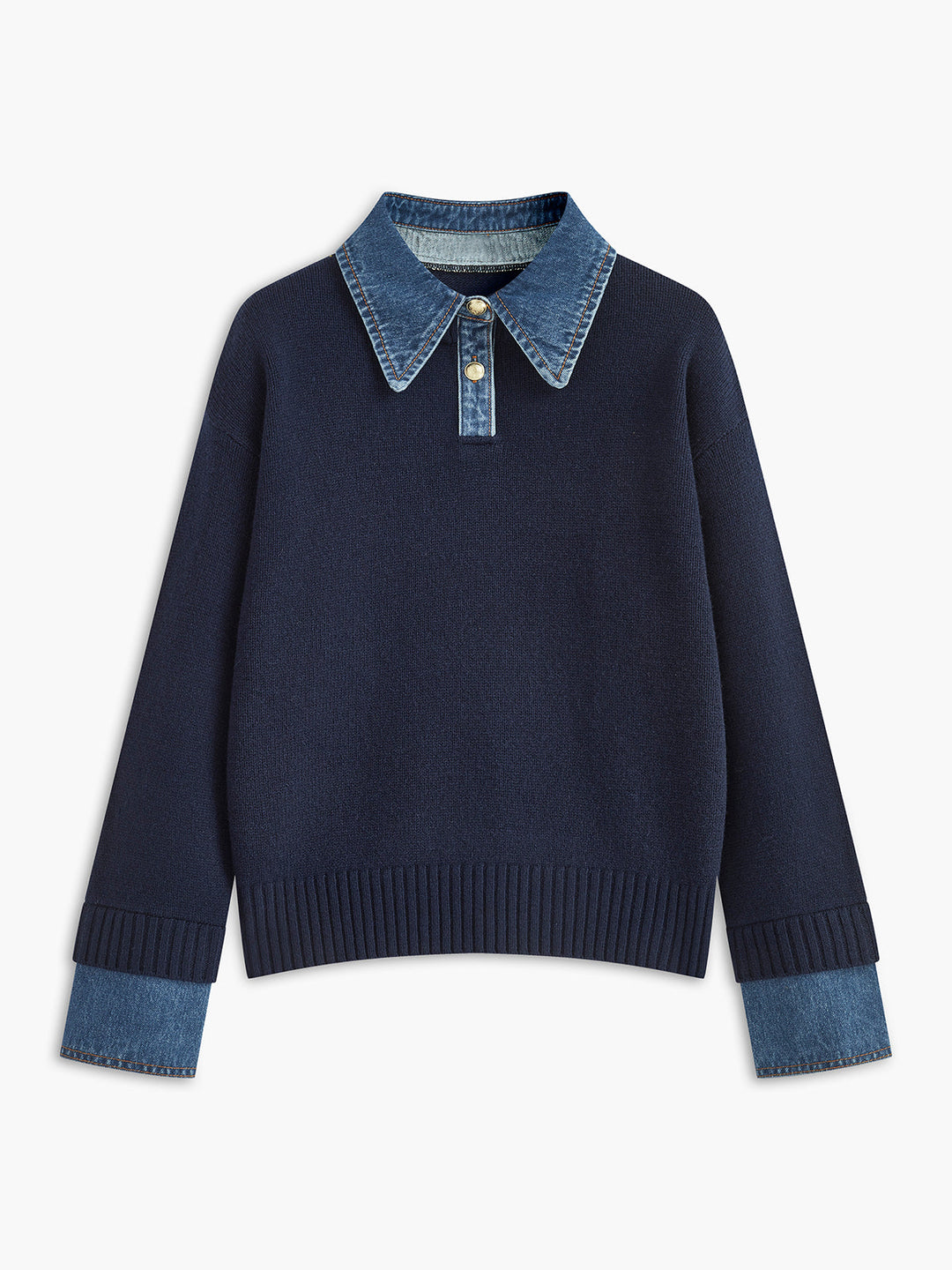 Women’s Denim Collar Jumper with Contrast Cuffs and Button Placket