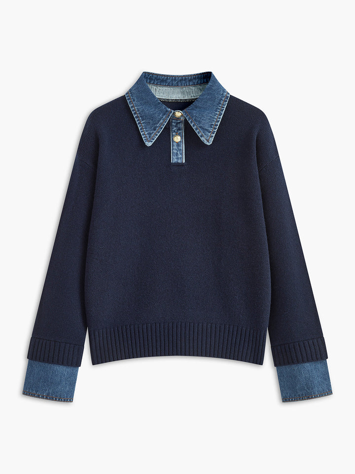 Women’s Denim Collar Jumper with Contrast Cuffs and Button Placket