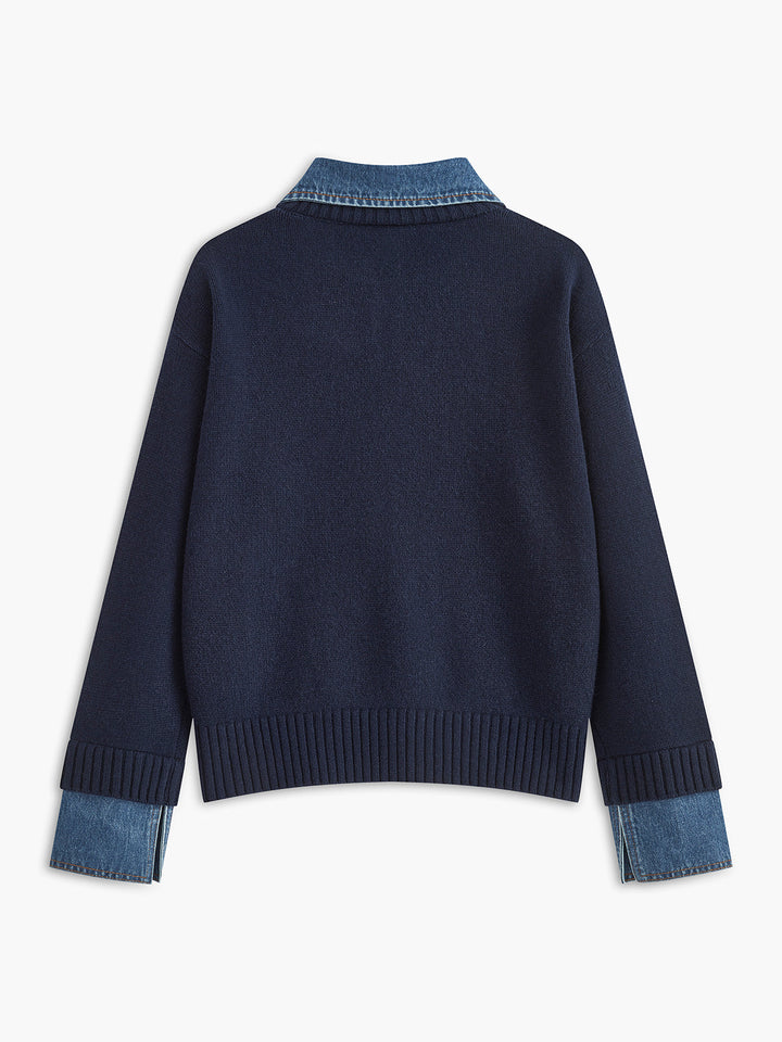 Women’s Denim Collar Jumper with Contrast Cuffs and Button Placket